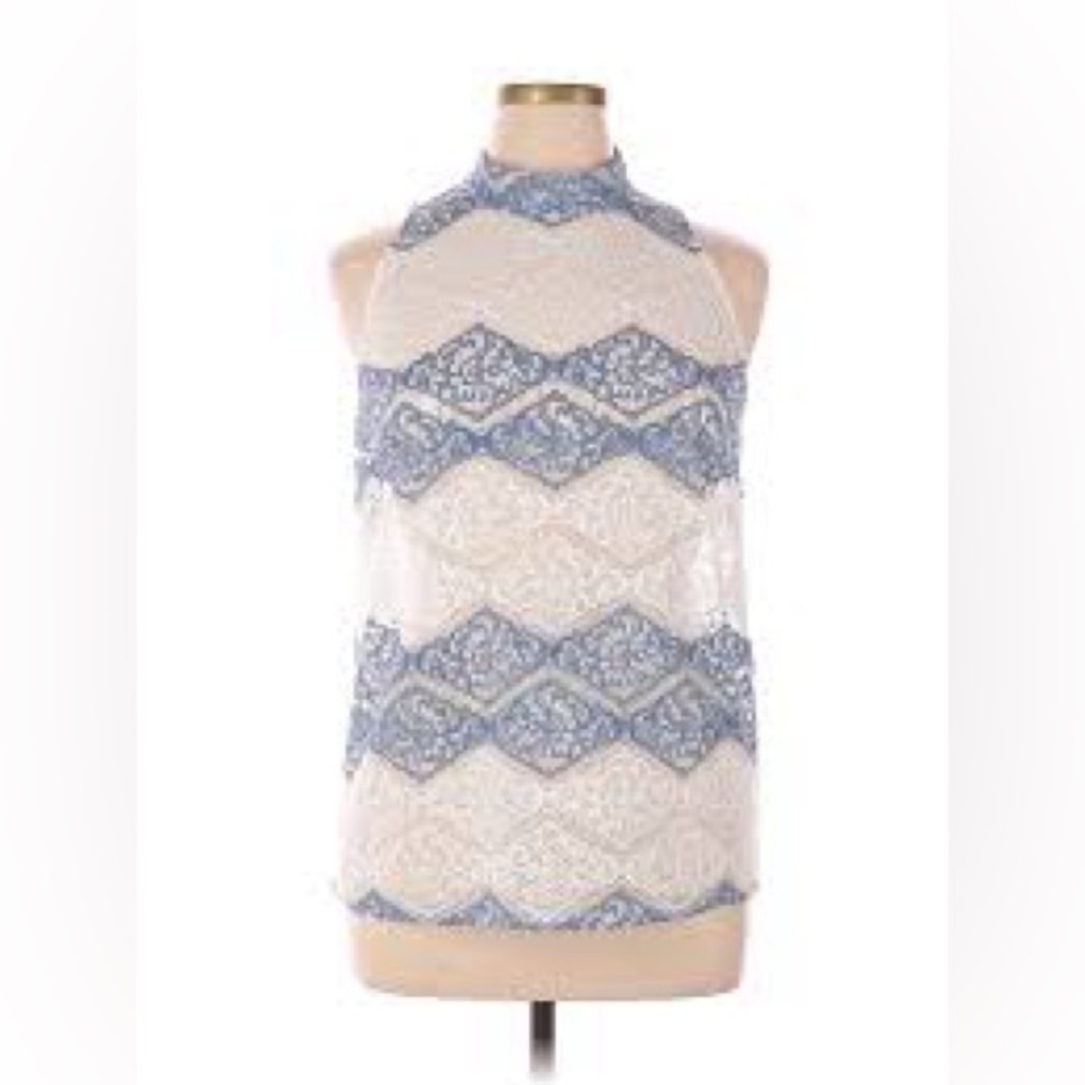 Laundry by Shelli Segal blue and white lace mock neck sleeveless top size 2